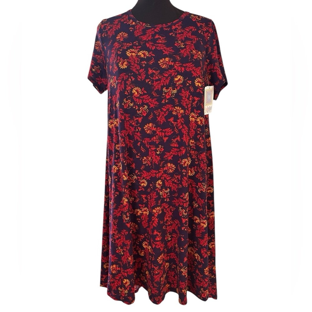 LuLaRoe Carly Swing Dress L Purple Red Gold Fall Autumn Leaves New Sz 14-16